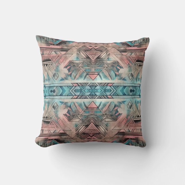 Aztec Southwestern Pastel Pink And Blue Throw Pillow (Front)