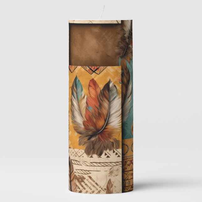 Aztec Southwestern Tribal Feathers Pillar Candle (Front)