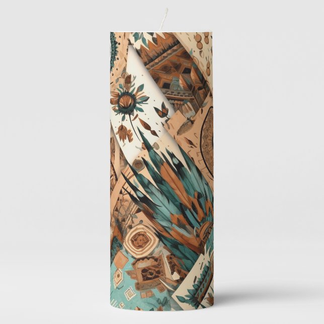 Aztec Southwestern Tribal Feathers Pillar Candle (Front)