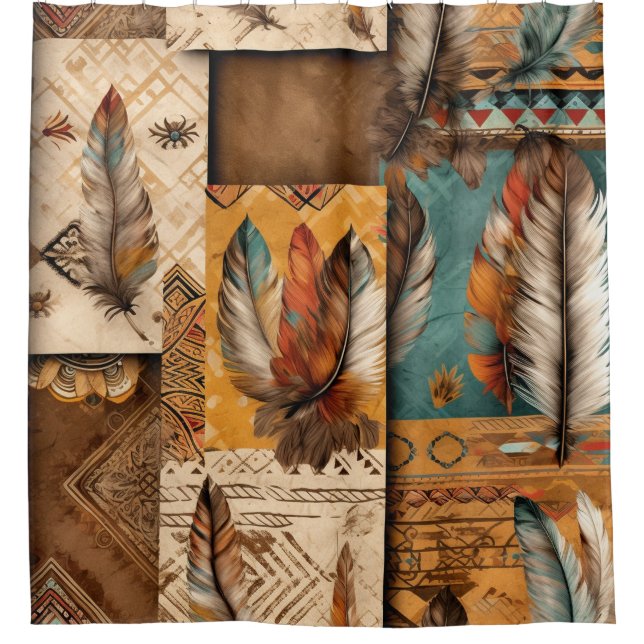 Aztec Southwestern Tribal Feathers Shower Curtain (Front)
