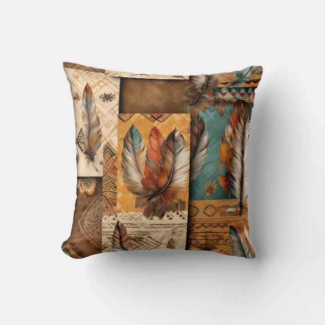 Aztec Southwestern Tribal Feathers Throw Pillow (Front)