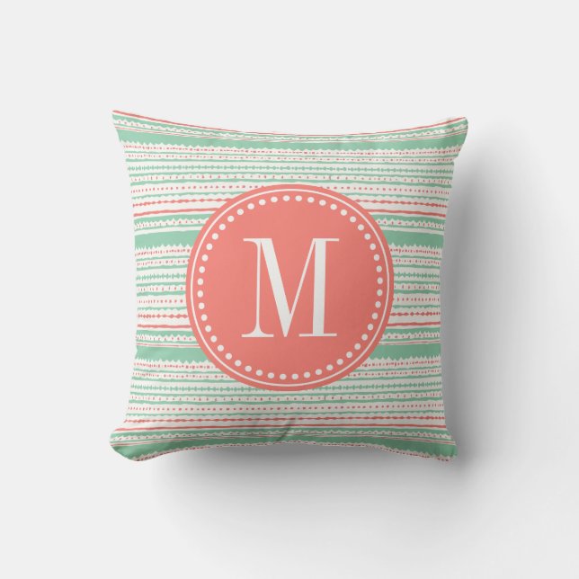 Aztec Stripes Coral & Mint Personalized Throw Pillow (Front)