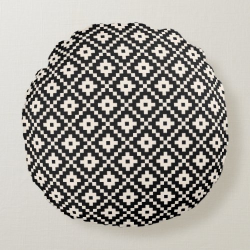 Aztec Style Block Print BlackCream Pattern Round Pillow