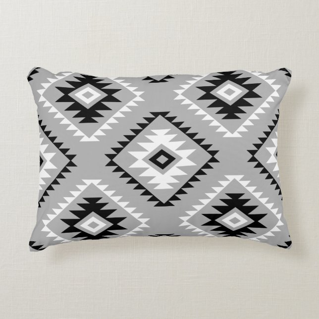 Aztec Style Motif Big Pattern Black White Gray Accent Pillow (Front)