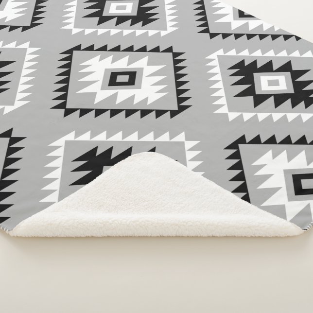 Aztec Style Motif Big Pattern Black White Gray Sherpa Blanket (3/4)