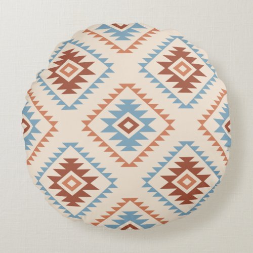 Aztec Style Motif Big Pattern Blue Crm Terracottas Round Pillow