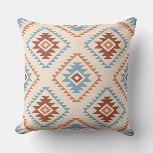 Aztec Style Motif Big Pattern Blue Crm Terracottas Throw Pillow