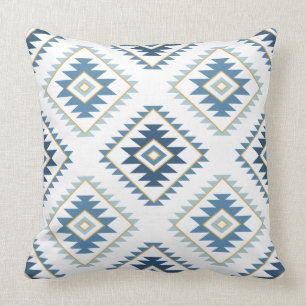 Aztec Style Motif Big Pattern Blues White Gold Throw Pillow
