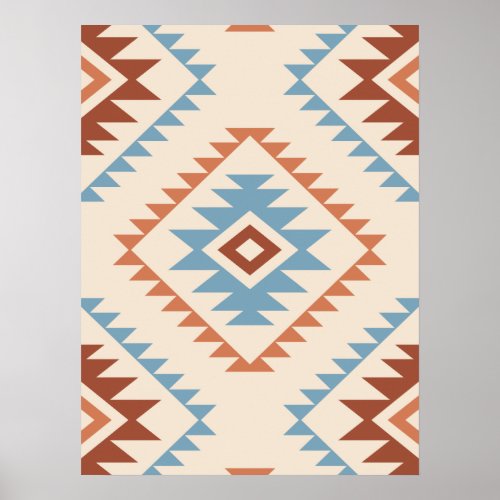 Aztec Style Motif Lg Pattern Blue Crm Terracottas Poster