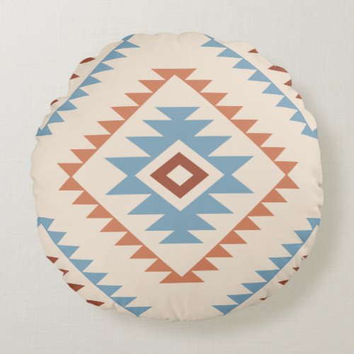Aztec Style Motif Lg Pattern Blue Crm Terracottas Round Pillow