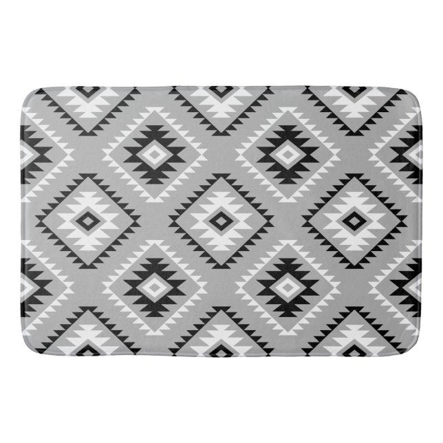Aztec Style Motif Pattern Black White Gray Bath Mat (Front)