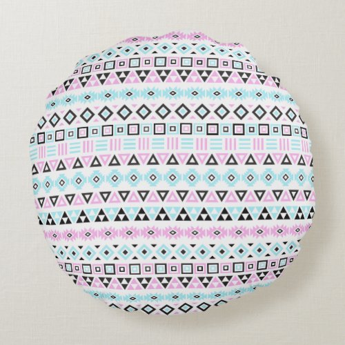 Aztec Style Pattern II b _ Black Blue Pink White Round Pillow