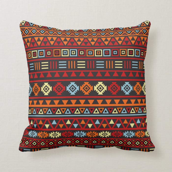 Aztec Style Pattern   Orange Yellow Blue Red & Blk Throw Pillow