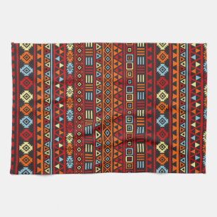 Aztec Style Repeat Ptn - Orange Yellow Red & Black Kitchen Towel