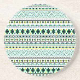 Aztec Style Tribal Pattern White Blue Green Drink Coaster