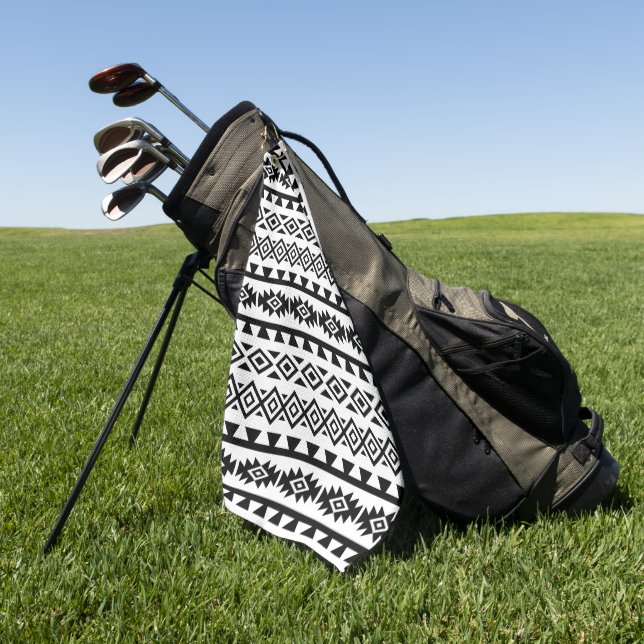 Aztec Stylized Big Pattern II Black on White Golf Towel (Green)