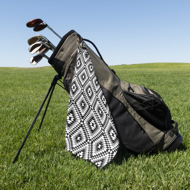 Aztec Stylized BW+Gray Symbol Pattern Golf Towel (Green)