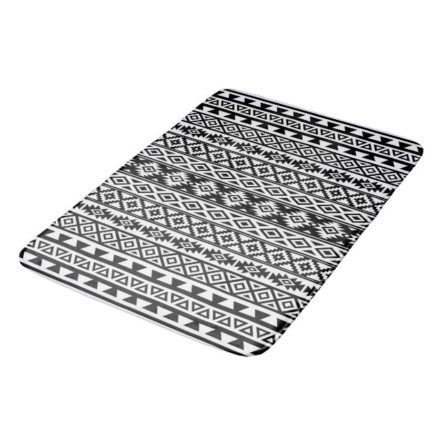 Aztec Stylized Pattern Black & White Bathroom Mat (Angled)