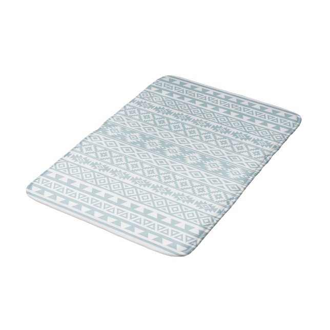 Aztec Stylized Pattern Duck Egg Blue & White Bath Mat (Angled)