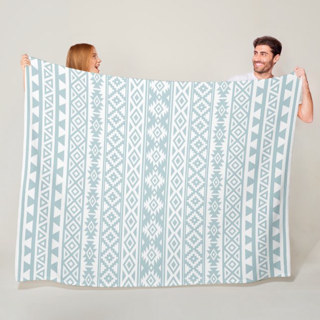 Aztec Stylized Pattern Duck Egg Blue & White Fleece Blanket (In Situ)