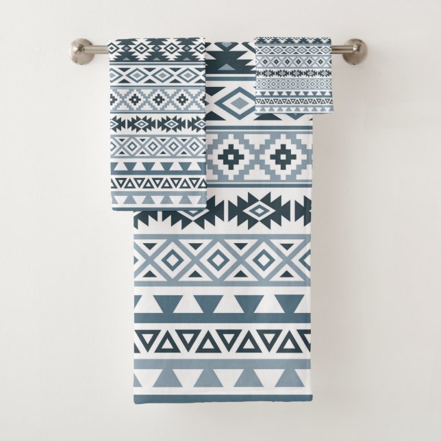 Aztec Stylized Pattern Gray-Blues & White Bath Towel Set (Insitu)