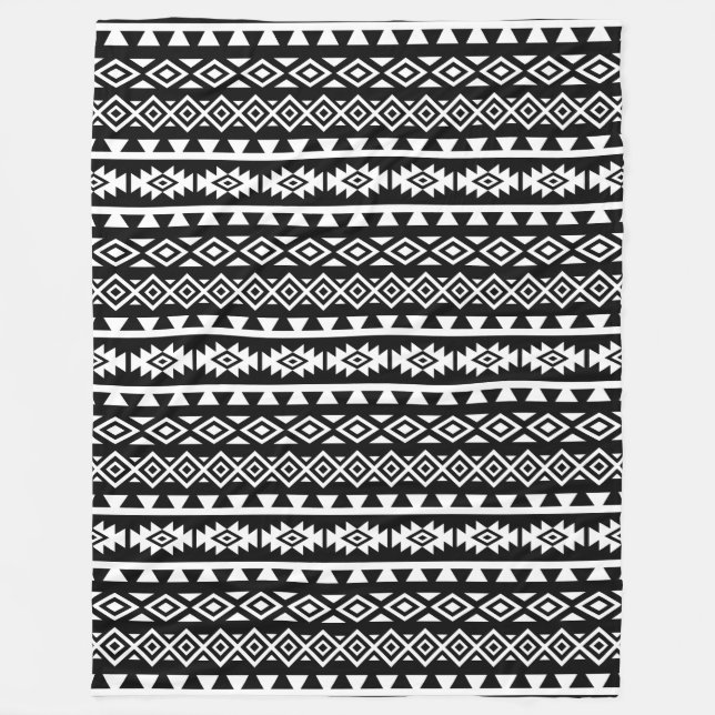 Aztec Stylized Pattern II White on Black Fleece Blanket (Front)