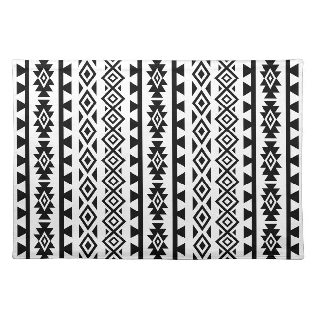 Aztec Stylized (V) Pattern II Black on White Cloth Placemat (Front)
