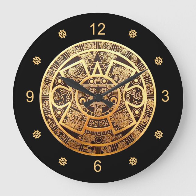 Aztec Sun Calendar ~ Gold & Black ~ Large Clock (Front)