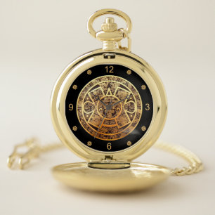 Aztec Sun Calendar ~ Gold & Black ~ Mexico ~ Pocket Watch
