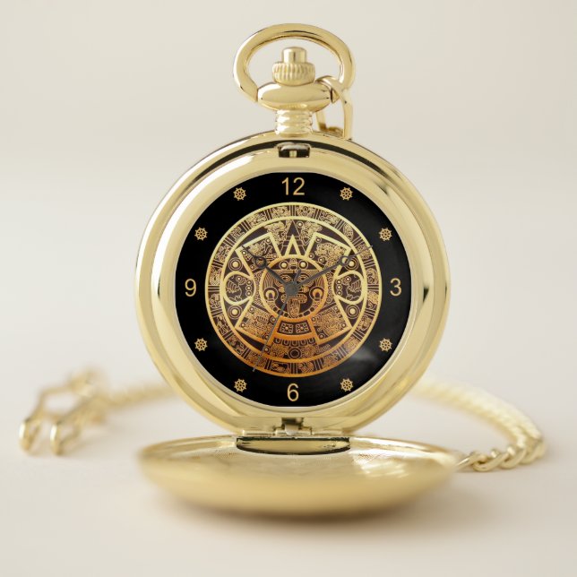 Aztec Sun Calendar ~ Gold & Black ~ Mexico ~ Pocket Watch (Inside)