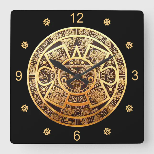 Aztec Sun Calendar ~ Gold & Black ~ Square Wall Clock | Zazzle