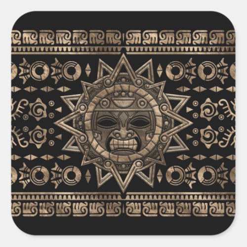 Aztec Sun God Gold and Black Square Sticker