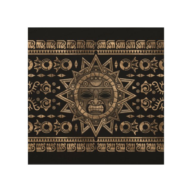 Aztec Sun God Gold and Black Wood Wall Art (Front)