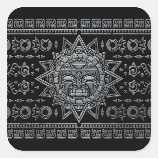 Aztec Sun God - Stone on Black Square Sticker (Front)