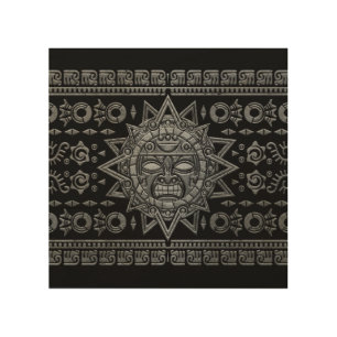 Aztec Sun God - Stone on Black Wood Wall Art