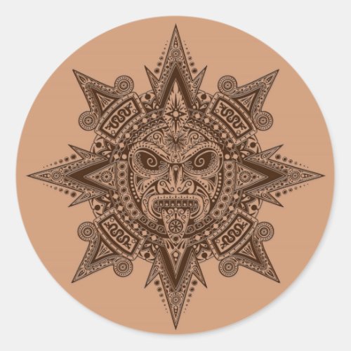 Aztec Sun Mask Brown Classic Round Sticker