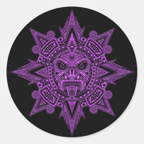 Aztec Sun Mask Purple on Black Classic Round Sticker