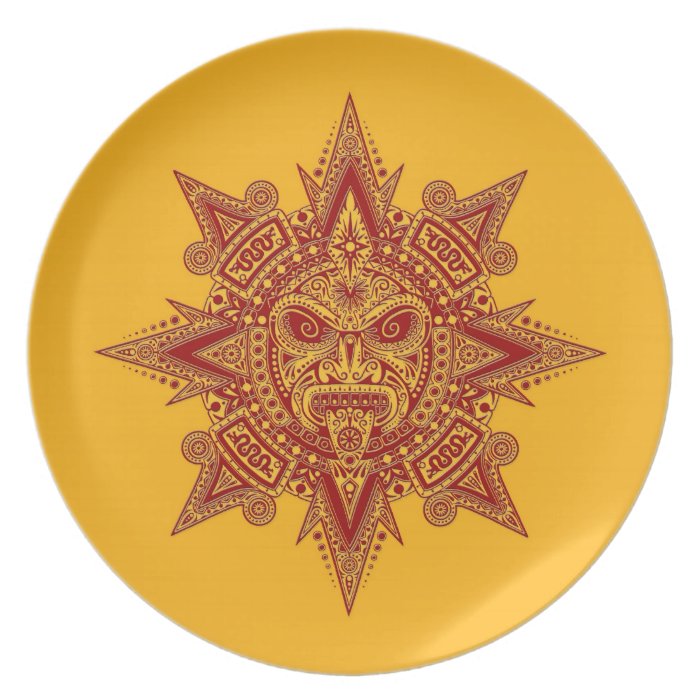 Aztec Sun Mask Red on Yellow Plates