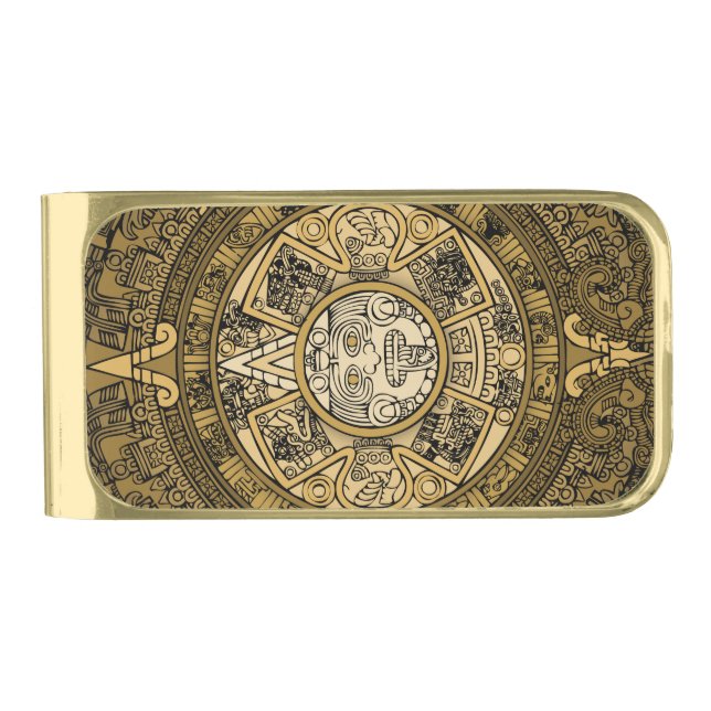 AZTEC SUN STONE CALENDAR GOLD SYMBOL  GOLD FINISH MONEY CLIP (Front)