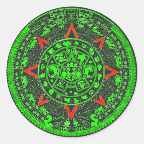 Aztec Sun Stone Green Design Classic Round Sticker