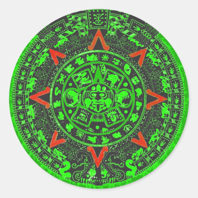 Aztec Sun Stone Green Design Classic Round Sticker (Front)