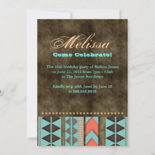 Aztec Sweet 16 Invitation Blue Brown Cool Pattern