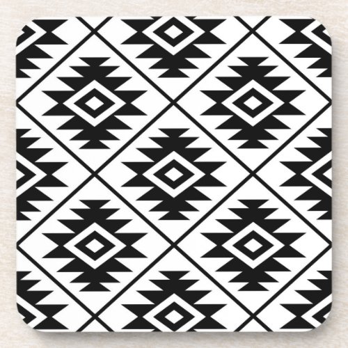 Aztec Symbol Stylized Big Ptn Black on White Coaster