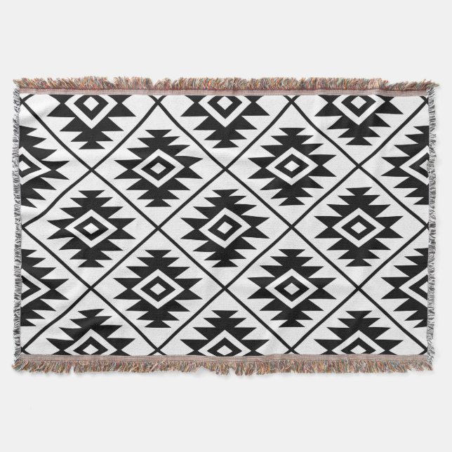 Aztec Symbol Stylized Big Ptn Black on White Throw Blanket (Front)