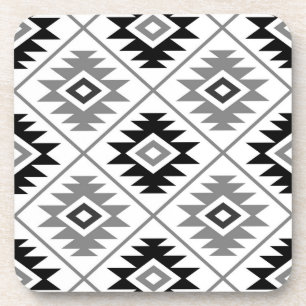 Aztec Symbol Stylized Big Ptn Black White Gray Beverage Coaster