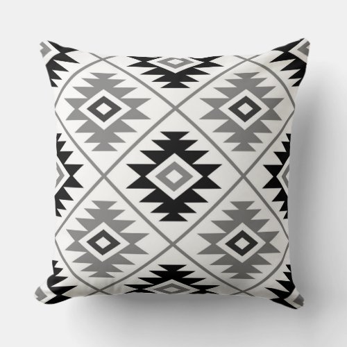 Aztec Symbol Stylized Big Ptn Black White Gray Throw Pillow