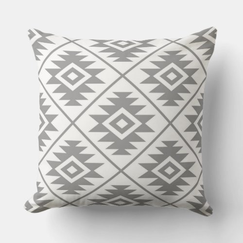 Aztec Symbol Stylized Big Ptn Gray on White Throw Pillow