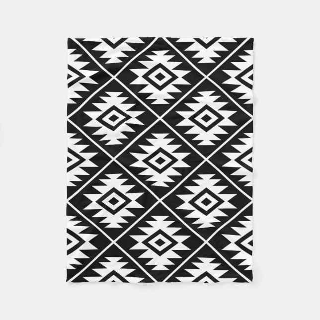 Aztec Symbol Stylized Big Ptn White on Black Fleece Blanket (Front)
