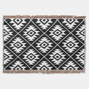 Aztec Symbol Stylized Big Ptn White on Black Throw Blanket