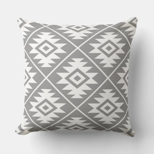 Aztec Symbol Stylized Big Ptn White on Gray Throw Pillow